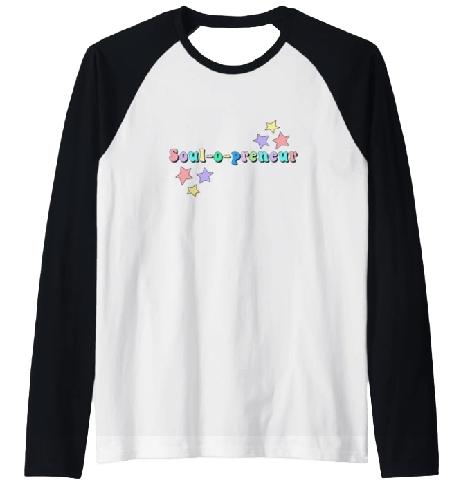 a white raglan t-shirt with black sleeves featuring stars and the word soul-o-preneur, part of the business unfolding merchandise