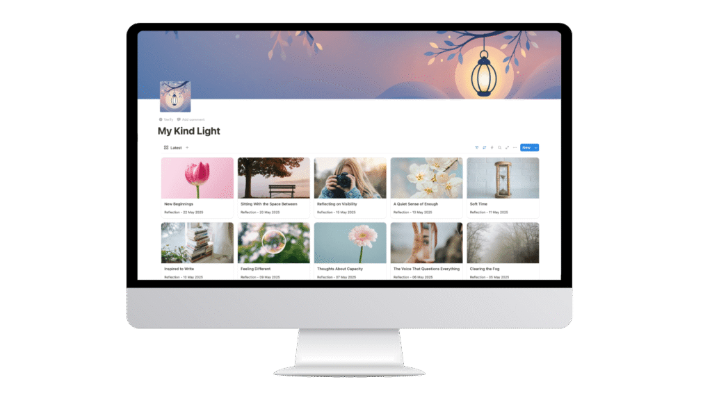 The Kind Light Reflection Kit shown on a desktop screen — a digital journal interface featuring calming visuals and a library of personal reflections