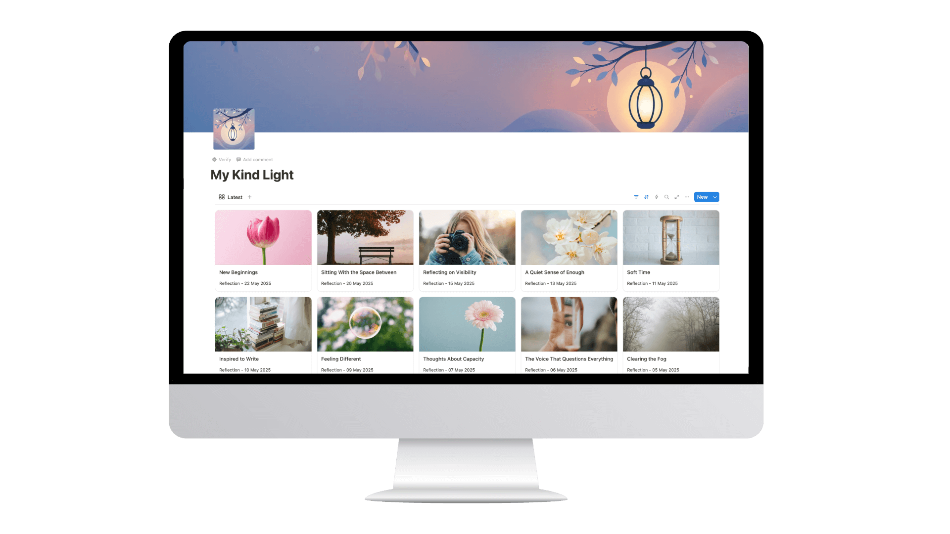 The Kind Light Reflection Kit shown on a desktop screen — a digital journal interface featuring calming visuals and a library of personal reflections