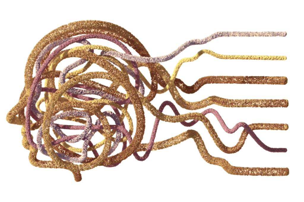 Tangled threads in the shape of a brain, unravelling into separate strands.
