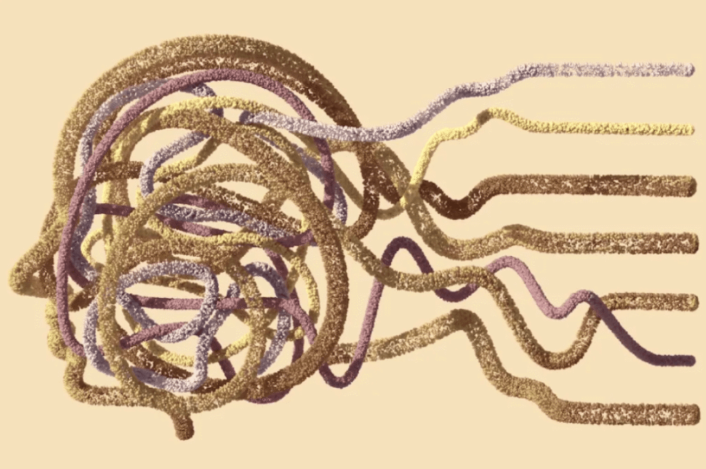 Tangled threads in the shape of a brain, unravelling into separate strands.